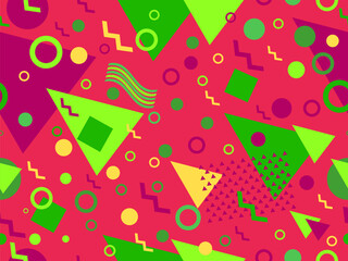 Memphis seamless pattern with geometric shapes in 80s style. Colorful geometric pattern. Design of promotional products, wrapping paper and printing. Vector illustration