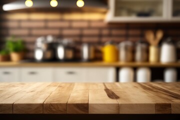 Wooden top table for display showcase on blur kitchen background made with Generative AI