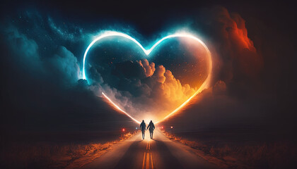 2 soulmates walking down a highway towards a large illuminated love heart. Generative Ai