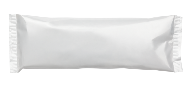 Top view of blank plastic pouch snack packaging isolated on transparent background