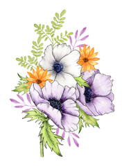 Watercolor Bouquet with Anemone flowers, yellow wildflowers and twigs with leaves. Violet Gentle anemones. Arrangement of flowers. Design for postcards and wedding invitations. Hand drawing.