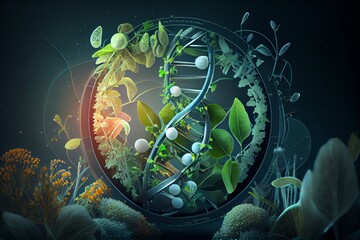 Biotecnology And Pharmaceutical Conceptual Background With . Frame With Plants, Dna And Scientific Structure. Medicine And Nature. Generative AI