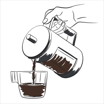 recommend clip art: Vector illusration in line art style. The hand pours coffee into a cup from french-press. Brown, Grey, Black and White colours isolated on white