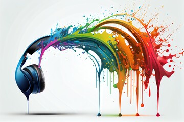 Obraz na płótnie Canvas Headphones With Rainbow Splash. Conceptual Illustration For Music Concert Or Festival. Isolated Design Element On The white Background. Generative AI