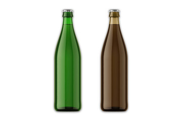 Realistic green and brown glass beer bottles isolated on white background. 3d rendering. 