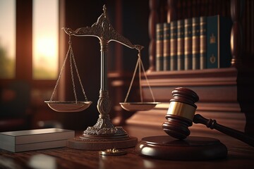 Gavel and scales of justice in law office symbolizing authority and fairness in the legal system. Generative AI