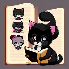 Cute black lady kitten character with book - generative ai