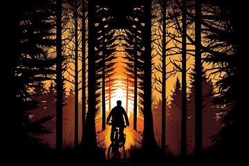 Silhouette Man Through The Forest Cycling During The Sunset. Generative AI