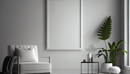 Blank picture frame mockup on white wall. White living room design