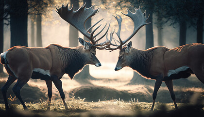 2 Stags facing off in a woodland glade. Generative Ai.