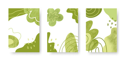Organic green banner set. Hand drawn poster.  Eco, vegan, bio, concept. Minimal social media post templates. Beauty product. Cosmetic pattern border. Floral background. Vector illustration