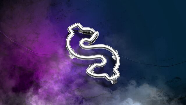 Neon colored dollar glowing sign on marble wall, looped switch