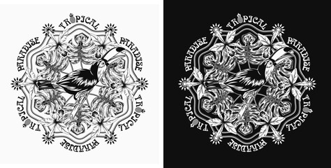 Circilar ornament like mandala with toucan bird, tropical foliage, orchid, sun, text Tropical paradise. Bird sitting on tree branch and eating seeds. Illustration for prints, clothing, t shirt design