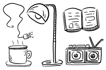 hand drawn line art illustration collection set of bookworm stuff