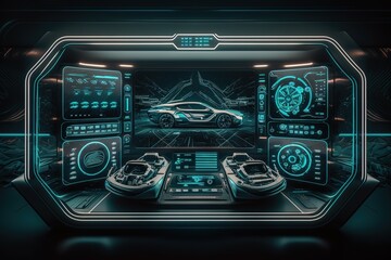 Cabin of a futuristic car in HUD style. AI
