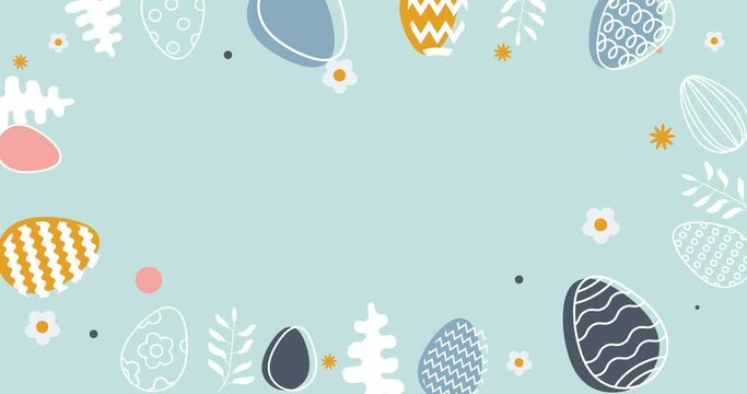 Happy Easter animation template with copy space. colorful eggs, flowers, and botanicals on blue pastel background. Symbol of new life