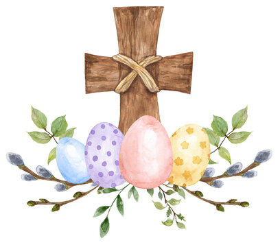 Easter egg wreath with a wooden cross and spring branches. Watercolor illustration. Holiday decoration. PNG clipart.