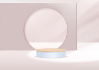 Abstract realistic 3D minimal scene with geometric forms. cylinder wood podium set with pastel. product presentation, mock up, show cosmetic product display presentation.