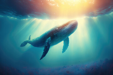 Obraz na płótnie Canvas Blue whale swimming underwater. Marine animals wallpaper. Generative AI