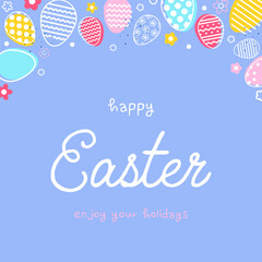 Easter greeting card with eggs and flowers. Minimal design with text. Vector illustration