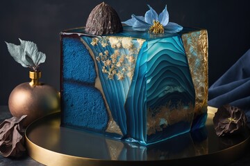 Modern blue cake with chocolate velor and isomalt decor, AI generated
