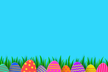 Coloured eggs hidden in the grass. Paper cut Easter background. Vector illustration