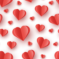 Paper cut elements in shape of heart on white background. Seamless pattern with symbols of love. Vector illustration