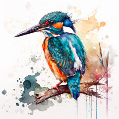 色鮮やかな水辺のハンター、カワセミを描いた水彩画風のイラスト, with Generative AI