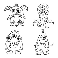 Set of Funny Monsters for Coloring Pages. Vector Illustration of Monsters on a White Background