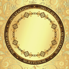 Vector golden vintage style invitation with mandala and pattern on golden background