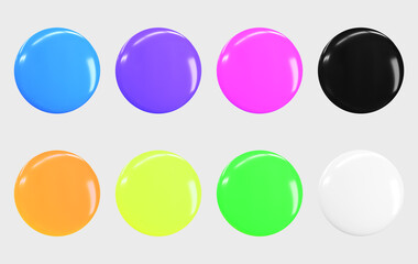 3D Button icons set. Realistic mockup of blank round glossy badges blue, purple, pink, black, orange, yellow, green, white isolated on grey background. Game ui graphic design elements