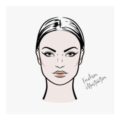Fashion illustration of a woman's face. Skincare and makeup model, linear style. Beautiful face of young woman