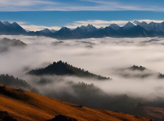 A rugged mountain range with jagged peaks and deep valleys