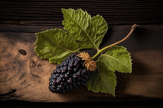 Mulberry isolated on a wooden background. Ripe mulberry fruit. Healthy food from mulberry fruit has a positive effect on health, AI generated