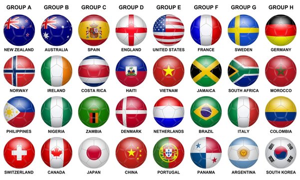 Soccer balls in the colors of different countries on a white background	