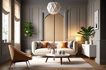 Modern villa living room design interior, beige furniture, bright walls, hardwood flooring, sofa, armchair with lamp, AI generated