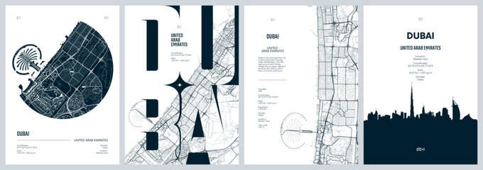 Set of travel posters with Dubai, detailed urban street plan city map, Silhouette city skyline, vector artwork