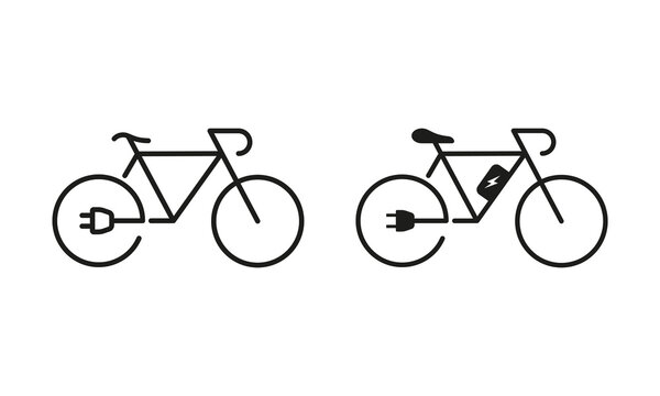 Ecological Electric Bicycle. Electricity Power Eco Bike with Charge Plug Symbol Collection on White Background. Green Energy Bike Line and Silhouette Icon Set. Isolated Vector Illustration