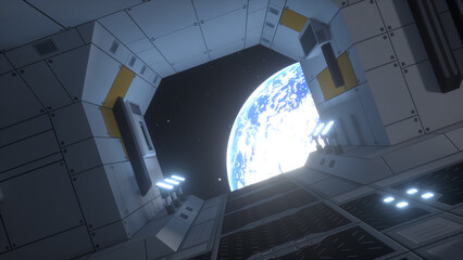 Spaceship corridor. Flying in a spaceship tunnel, a sci-fi shuttle corridor. 3d illustration © Laricha