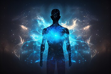 Fototapeta na wymiar Astral Body Silhouette With Abstract Space Background. Esoteric, Spiritual Life And Meditation Concept. Afterlife And Connection With Other Worlds. Generative AI