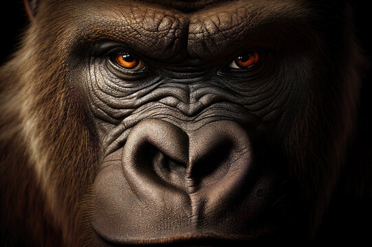 Gorilla face, Gorilla head mammal animal eyes. Front view of king kong. Generative AI.