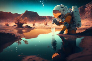 Astronaut Filtering Water On Alien Planet. Generative AI