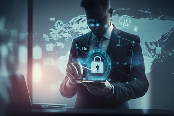 Office man hold phone and hand on keyboard, lock icon with network symbols double exposure in office. Business network connection and data storage, AI generated