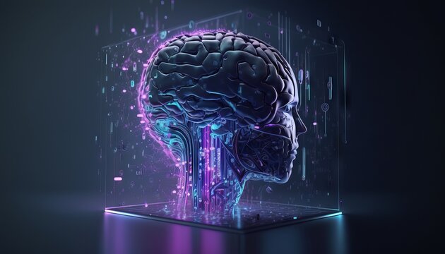 Generative AI illustration of a human brain in digital hologram. Artificial intelligence concept