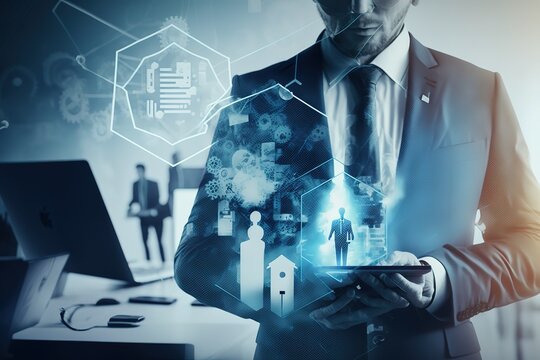Office man hold phone and hand on keyboard, lock icon with network symbols double exposure in office. Business network connection and data storage, AI generated