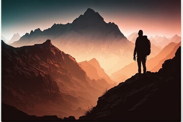 Silhouette of a man with a backpack on top of a mountain. Generative AI