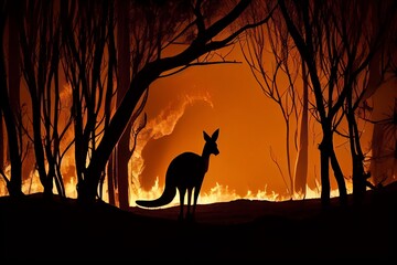 Australian Bushfire With Kangaroo Silhouette. Generative AI