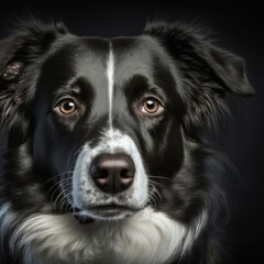 Border collie sheepdog herder in studio portrait as domestic herder pet in ravishing hyper realistic closeup portrait in black isolated background by Generative AI. - obrazy, fototapety, plakaty