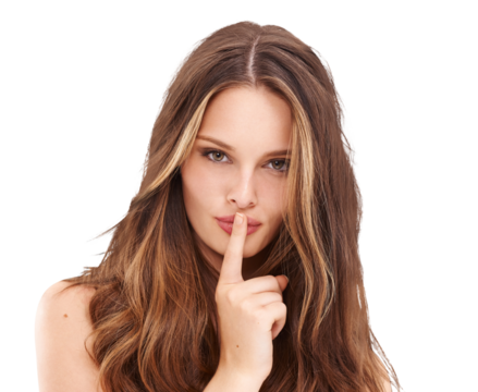 A delightful woman making a "shh" gesture, placing her finger on her lips to signal gossiping in a whisper while keeping her mouth closed, isolated on a transparent PNG background.