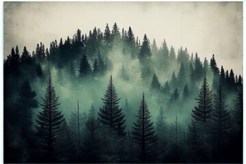 Foggy Forest Misty Landscape With Fir Forest In Hipster Vintage Retro Style. Generative AI